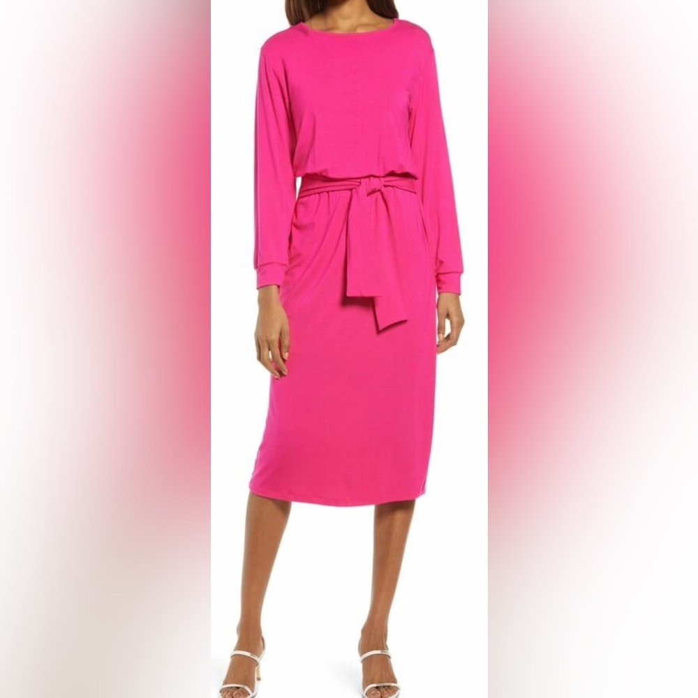NWT Fraiche by J Long Sleeve Tie Waist Midi Dress in Hot Pink - Size M